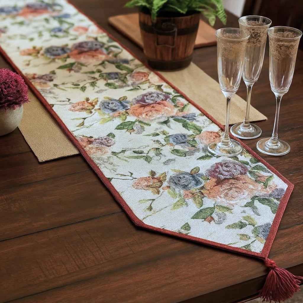 DaDa Bedding Vintage Romantic Roses Lovely Pink Floral Woven Tapestry Dining Table Runner (879) DaDalogy Bedding Collection