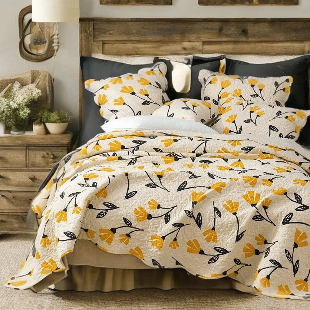 DaDa Bedding Yellow Fleur Floral Golden Orange Ivory Cream Scalloped Bedspread Set (18112) DaDalogy Bedding Collection