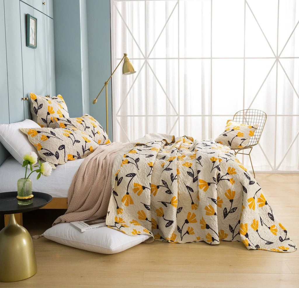 DaDa Bedding Yellow Fleur Floral Golden Orange Ivory Cream Scalloped Bedspread Set (18112) DaDalogy Bedding Collection