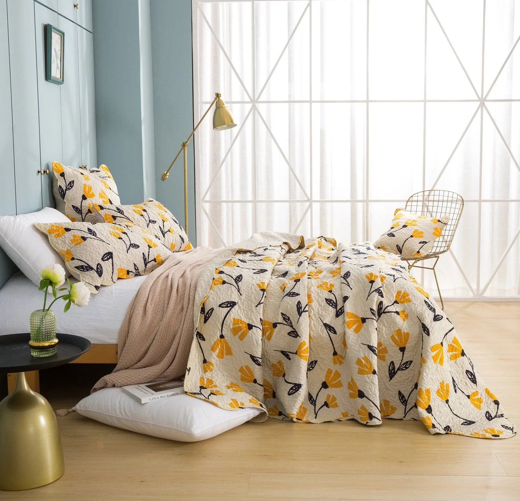DaDa Bedding Yellow Fleur Floral Golden Orange Ivory Cream Scalloped Bedspread Set (18112) DaDalogy Bedding Collection