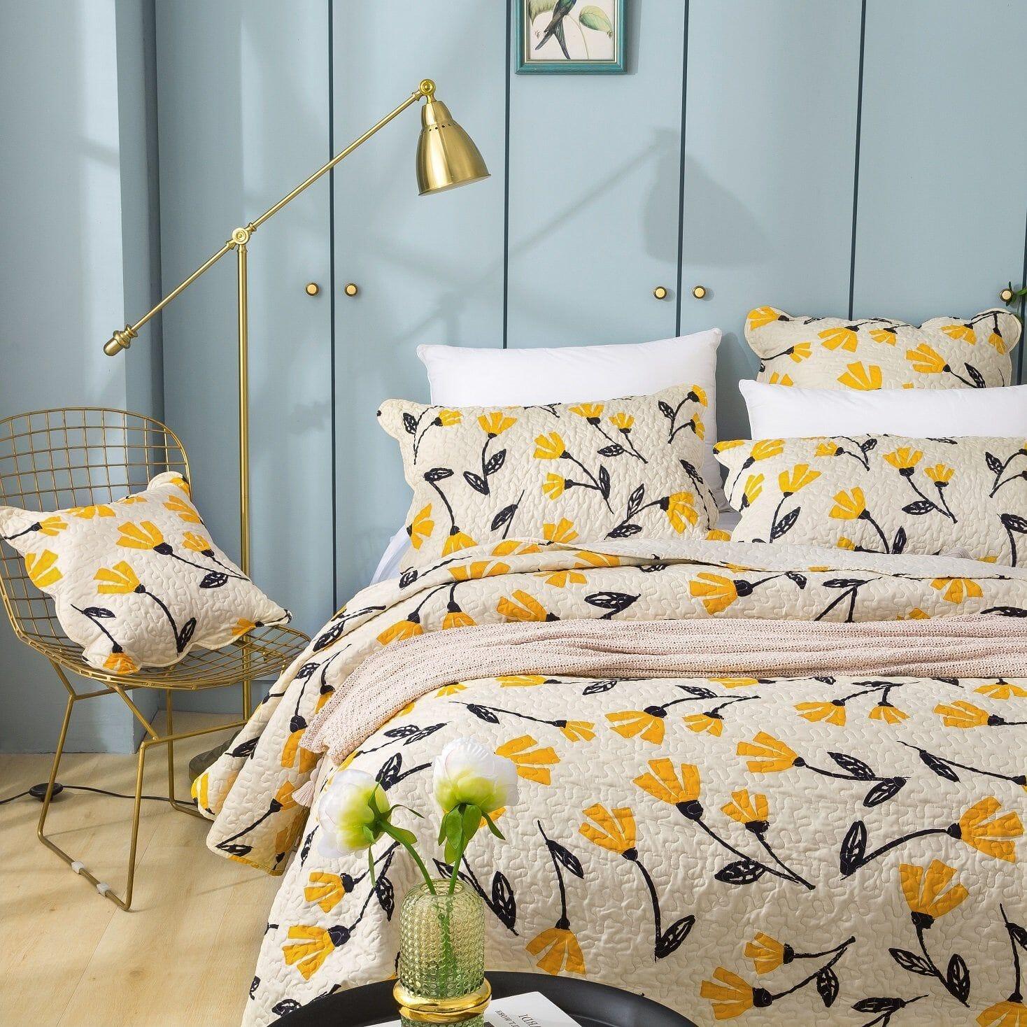 DaDa Bedding Yellow Fleur Floral Golden Orange Ivory Cream Scalloped Bedspread Set (18112) DaDalogy Bedding Collection