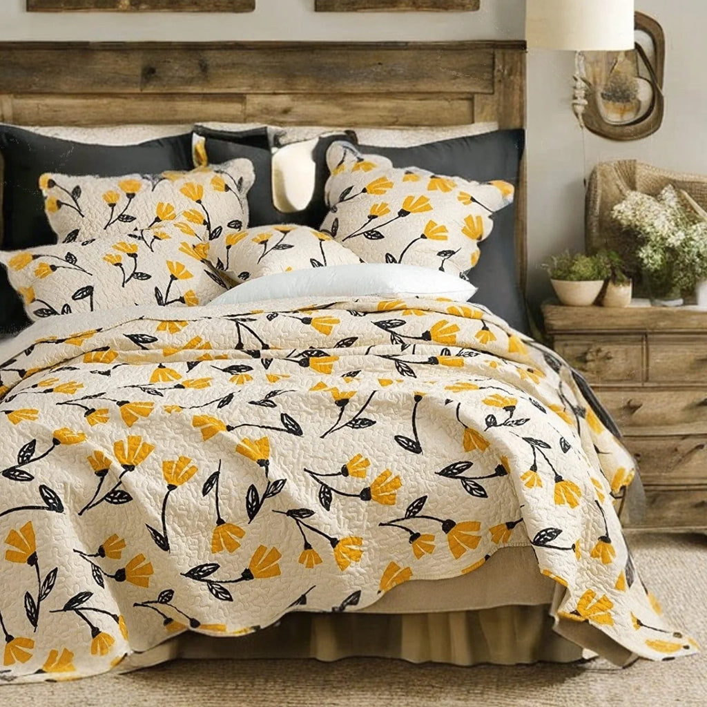 DaDa Bedding Yellow Fleur Floral Golden Orange Ivory Cream Scalloped Bedspread Set (18112) DaDalogy Bedding Collection