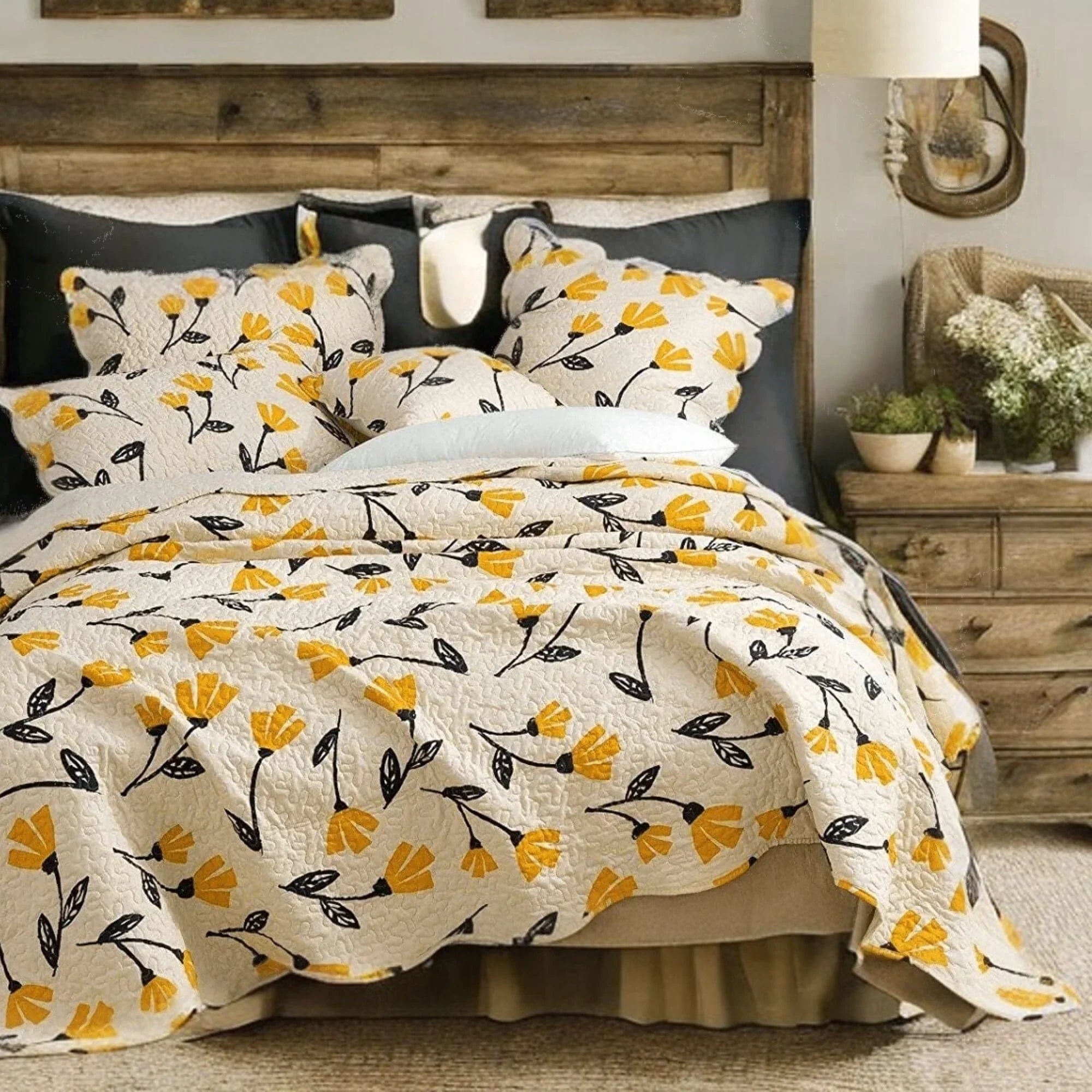 DaDa Bedding Yellow Fleur Floral Golden Orange Ivory Cream Scalloped Bedspread Set (18112) DaDalogy Bedding Collection