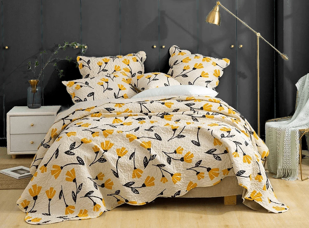 DaDa Bedding Yellow Fleur Floral Golden Orange Ivory Cream Scalloped Bedspread Set (18112) DaDalogy Bedding Collection