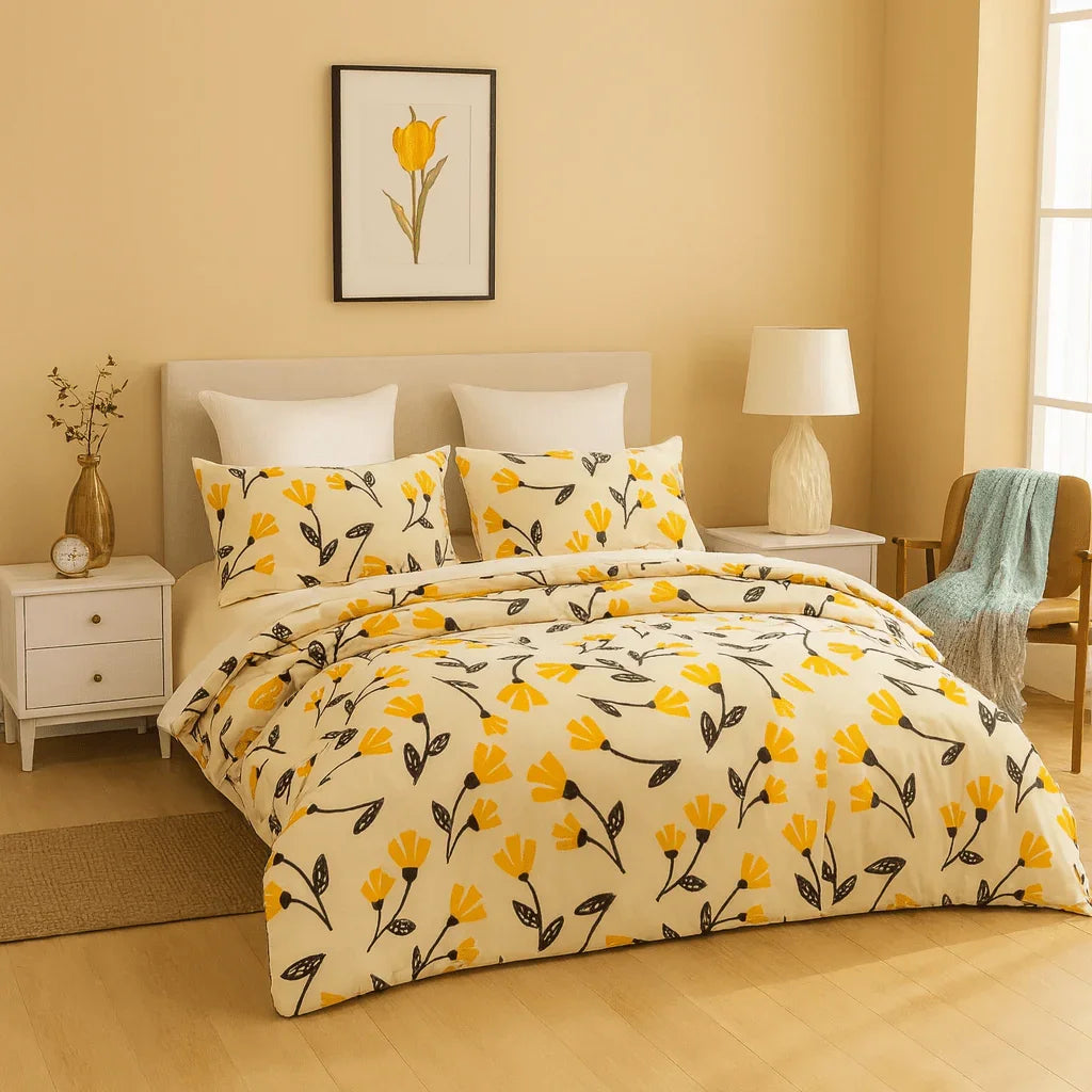 DaDa Bedding Yellow Fleur Floral Golden Orange Ivory Duvet Cover Set w/ Pillow Cases (18112) DaDalogy Bedding Collection
