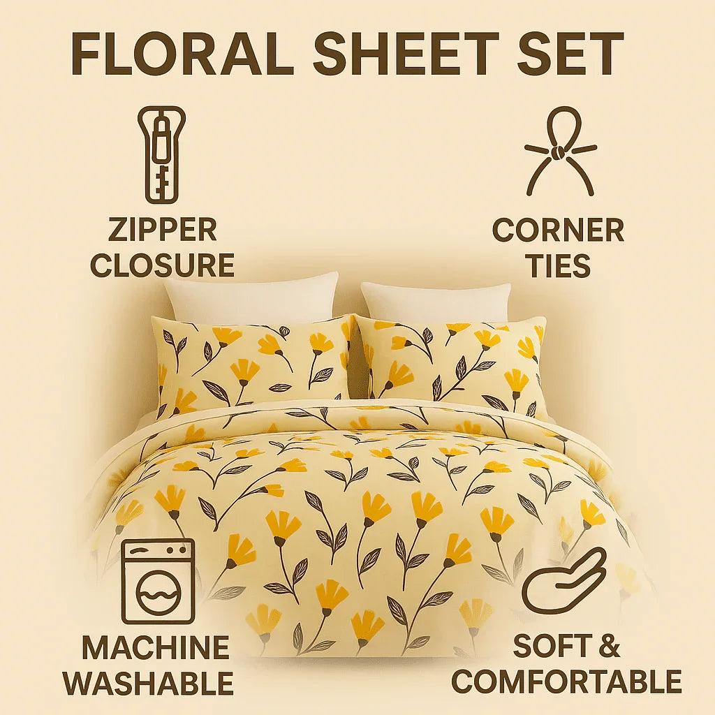 DaDa Bedding Yellow Fleur Floral Golden Orange Ivory Duvet Cover Set w/ Pillow Cases (18112) DaDalogy Bedding Collection