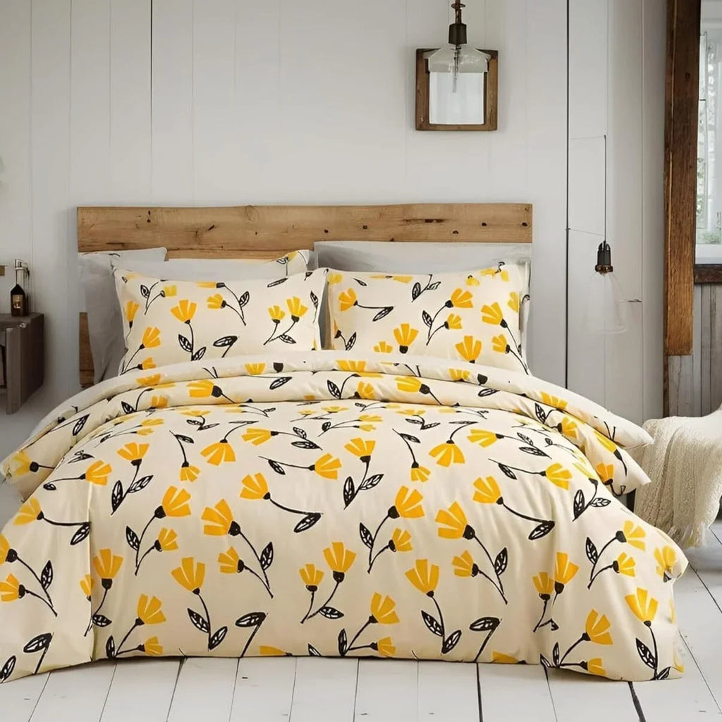 DaDa Bedding Yellow Fleur Floral Golden Orange Ivory Duvet Cover Set w/ Pillow Cases (18112) DaDalogy Bedding Collection