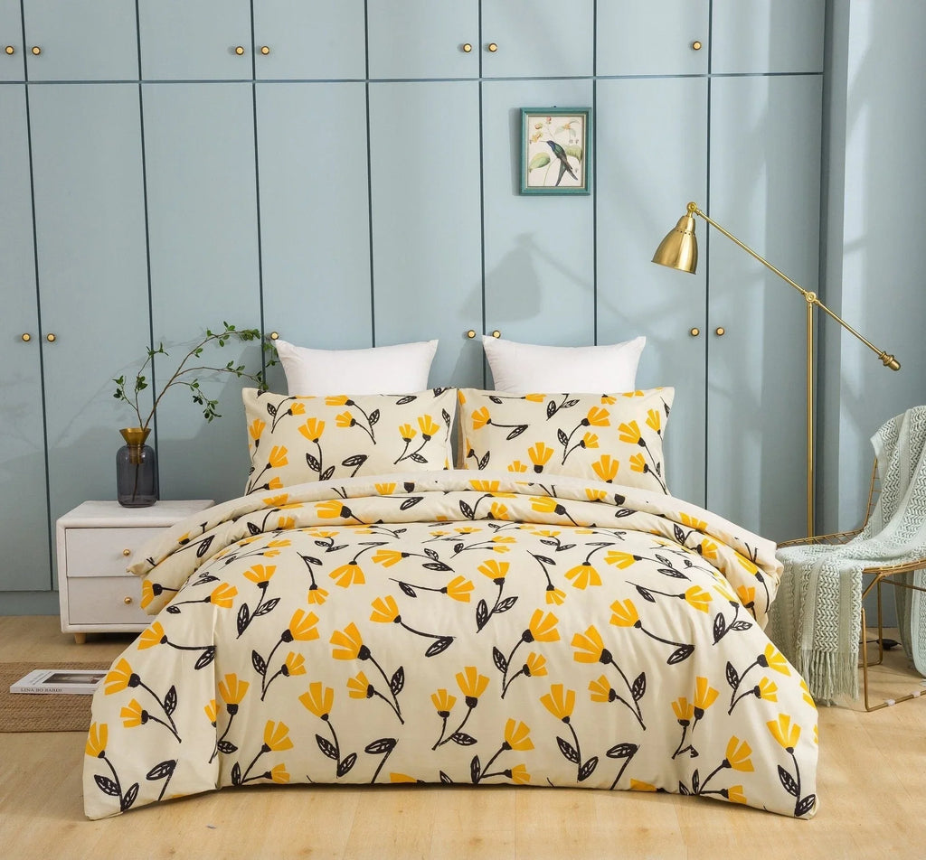 DaDa Bedding Yellow Fleur Floral Golden Orange Ivory Duvet Cover Set w/ Pillow Cases (18112) DaDalogy Bedding Collection