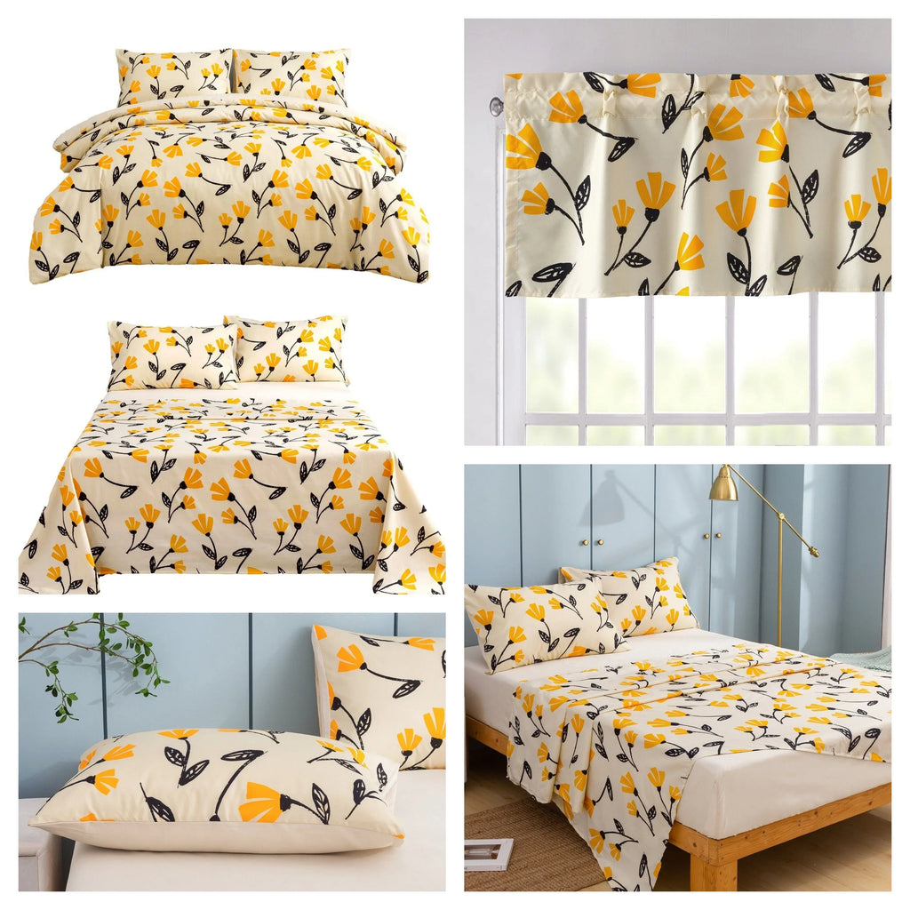 DaDa Bedding Yellow Fleur Golden Orange Botanical Ivory Duvet Cover & Fitted Flat Bed Sheets Set w/ Pillow Cases Window Valances (18112) DaDalogy Bedding Collection
