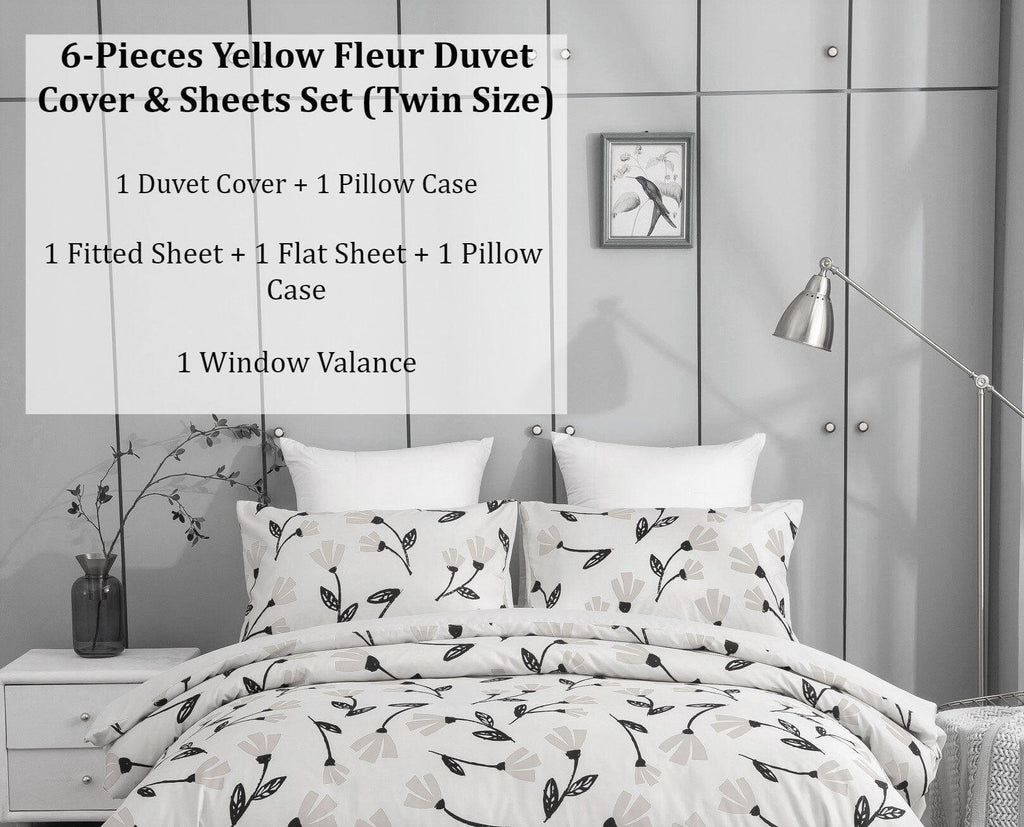 DaDa Bedding Yellow Fleur Golden Orange Botanical Ivory Duvet Cover & Fitted Flat Bed Sheets Set w/ Pillow Cases Window Valances (18112) DaDalogy Bedding Collection