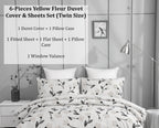 DaDa Bedding Yellow Fleur Golden Orange Botanical Ivory Duvet Cover & Fitted Flat Bed Sheets Set w/ Pillow Cases Window Valances (18112) DaDalogy Bedding Collection