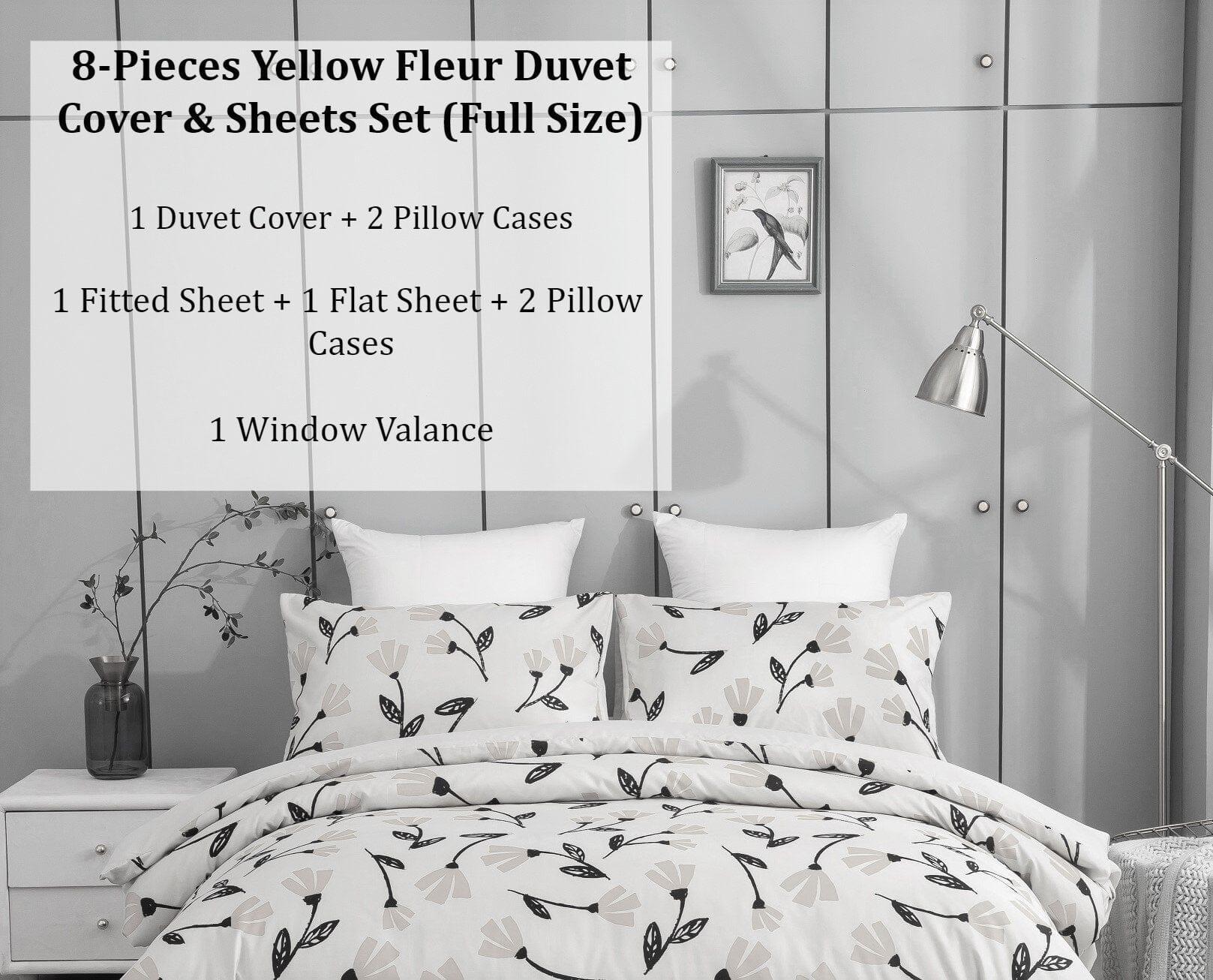 DaDa Bedding Yellow Fleur Golden Orange Botanical Ivory Duvet Cover & Fitted Flat Bed Sheets Set w/ Pillow Cases Window Valances (18112) DaDalogy Bedding Collection