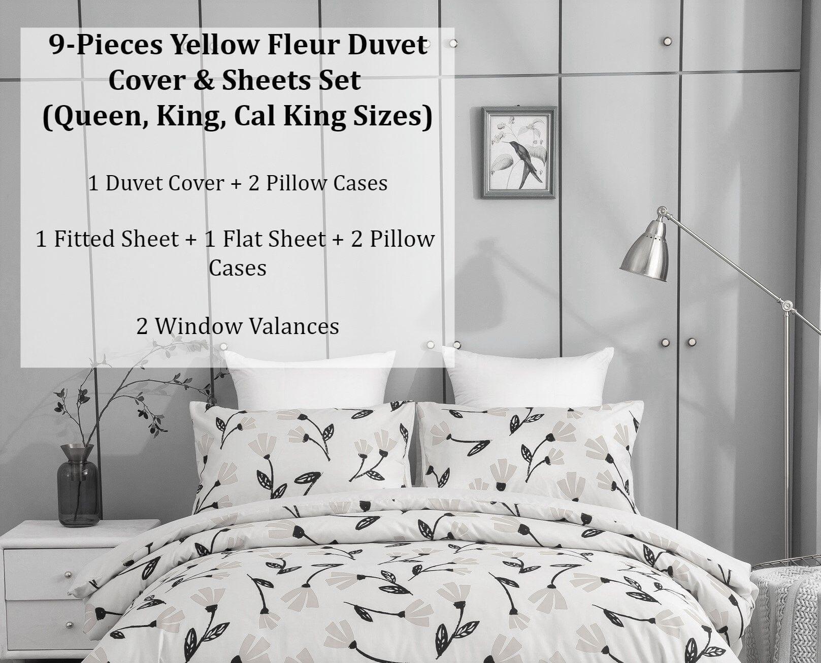 DaDa Bedding Yellow Fleur Golden Orange Botanical Ivory Duvet Cover & Fitted Flat Bed Sheets Set w/ Pillow Cases Window Valances (18112) DaDalogy Bedding Collection