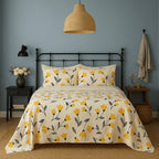 DaDa Bedding Yellow Fleur Golden Orange Floral Ivory Fitted & Flat Bed Sheets Set (18112) DaDalogy Bedding Collection