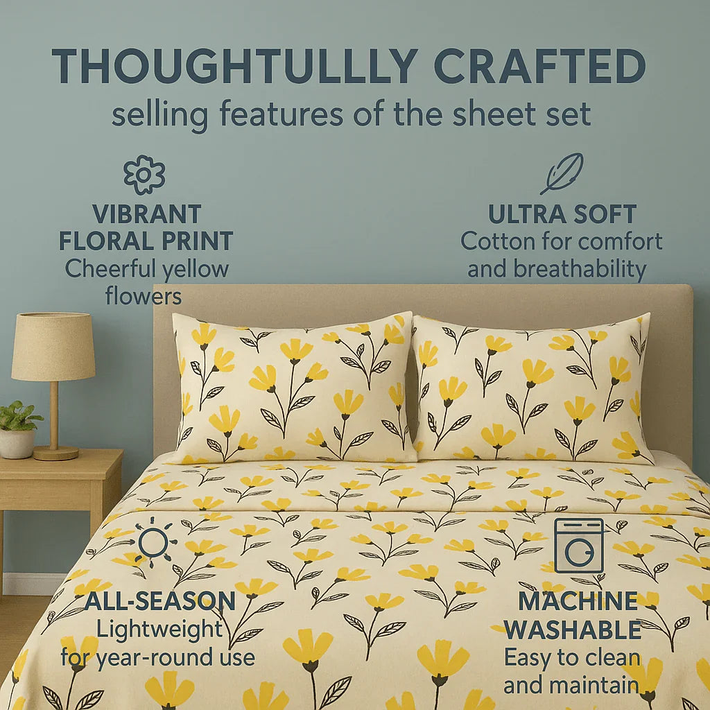 DaDa Bedding Yellow Fleur Golden Orange Floral Ivory Fitted & Flat Bed Sheets Set (18112) DaDalogy Bedding Collection