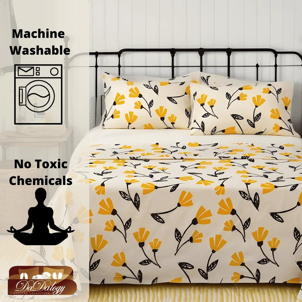 DaDa Bedding Yellow Fleur Golden Orange Floral Ivory Fitted & Flat Bed Sheets Set (18112) DaDalogy Bedding Collection