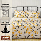 DaDa Bedding Yellow Fleur Golden Orange Floral Ivory Fitted & Flat Bed Sheets Set (18112) DaDalogy Bedding Collection