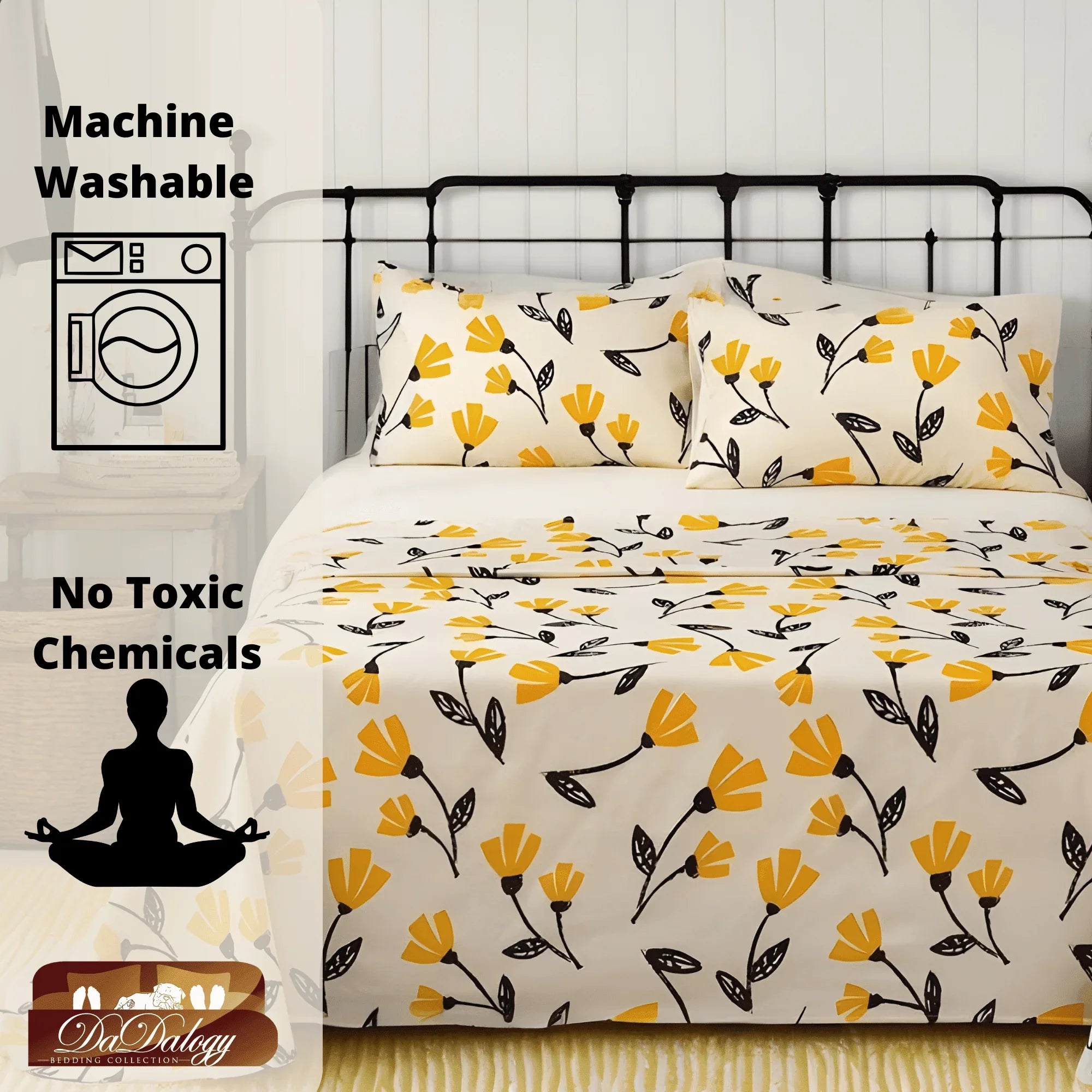 DaDa Bedding Yellow Fleur Golden Orange Floral Ivory Fitted & Flat Bed Sheets Set (18112) DaDalogy Bedding Collection