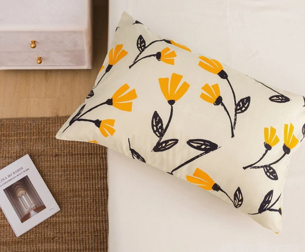 DaDa Bedding Yellow Fleur Golden Orange Floral Ivory Fitted & Flat Bed Sheets Set (18112) DaDalogy Bedding Collection