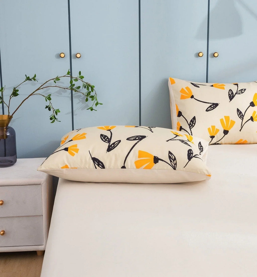 DaDa Bedding Yellow Fleur Golden Orange Floral Ivory Fitted & Flat Bed Sheets Set (18112) DaDalogy Bedding Collection