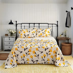 DaDa Bedding Yellow Fleur Golden Orange Floral Ivory Fitted & Flat Bed Sheets Set (18112) DaDalogy Bedding Collection