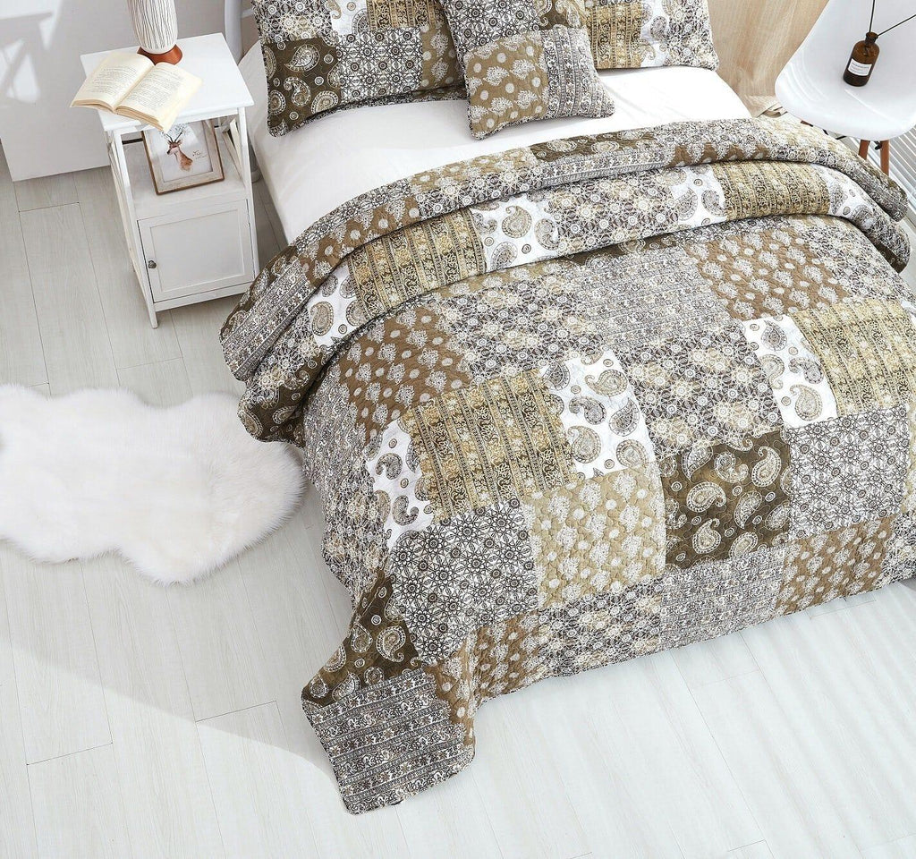 DaDalogy Bedding Bed in a Bag Bundle Set - Bohemian Paisley Dreams Floral Olive Brown Patchwork Bedspread Set (JHW885) DaDalogy Bedding Collection