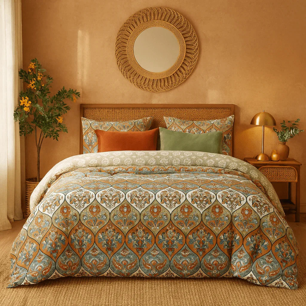 DaDalogy Bedding Bohemian Duvet Cover w/Pillow Cases - Reversible Coral Teal Floral Paisley Botanical Garden Party - Bright Vibrant Multi-Colorful Blue Salmon Pink DaDalogy Bedding Collection