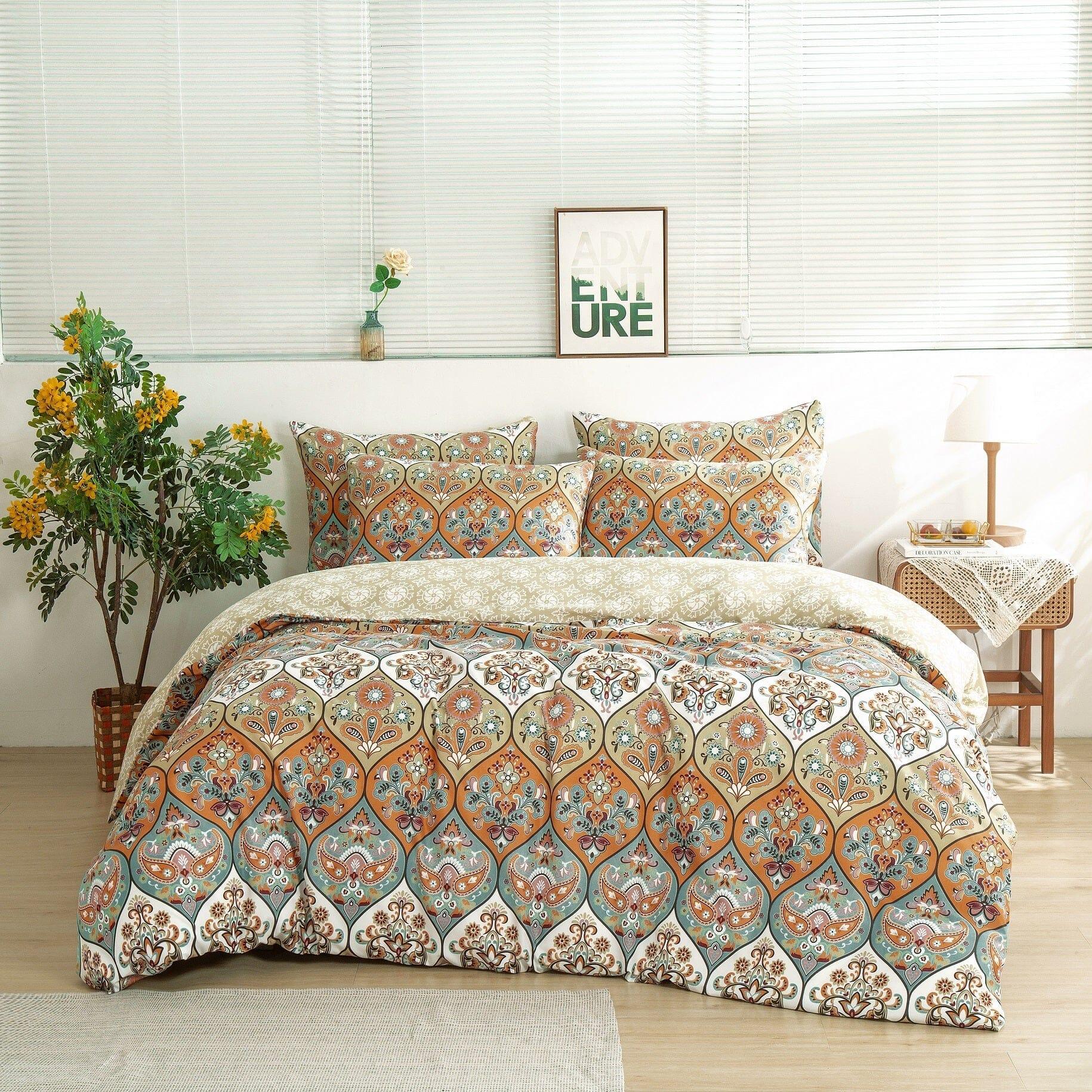 DaDalogy Bedding Bohemian Duvet Cover w/Pillow Cases - Reversible Coral Teal Floral Paisley Botanical Garden Party - Bright Vibrant Multi-Colorful Blue Salmon Pink DaDalogy Bedding Collection