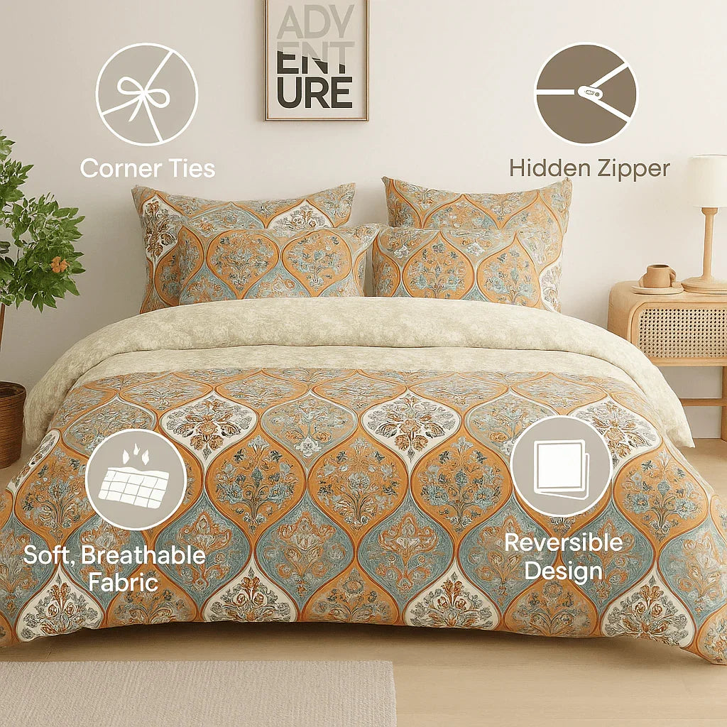 DaDalogy Bedding Bohemian Duvet Cover w/Pillow Cases - Reversible Coral Teal Floral Paisley Botanical Garden Party - Bright Vibrant Multi-Colorful Blue Salmon Pink DaDalogy Bedding Collection