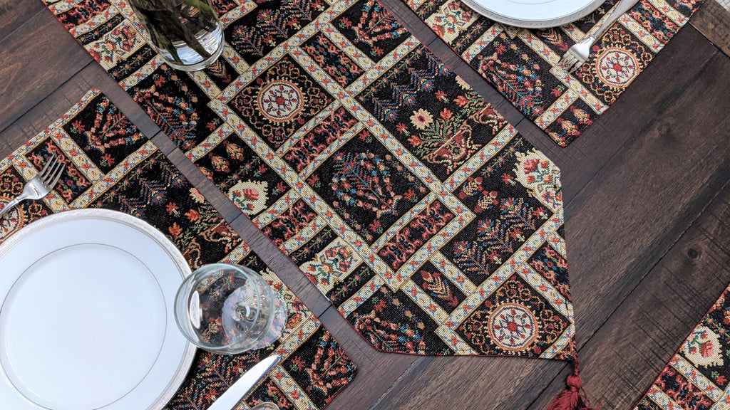 DaDalogy Bedding Elegant Woven Mughal Floral Tapestry Table Runner, Dark Noir Botanical Vintage Fleur (18197)