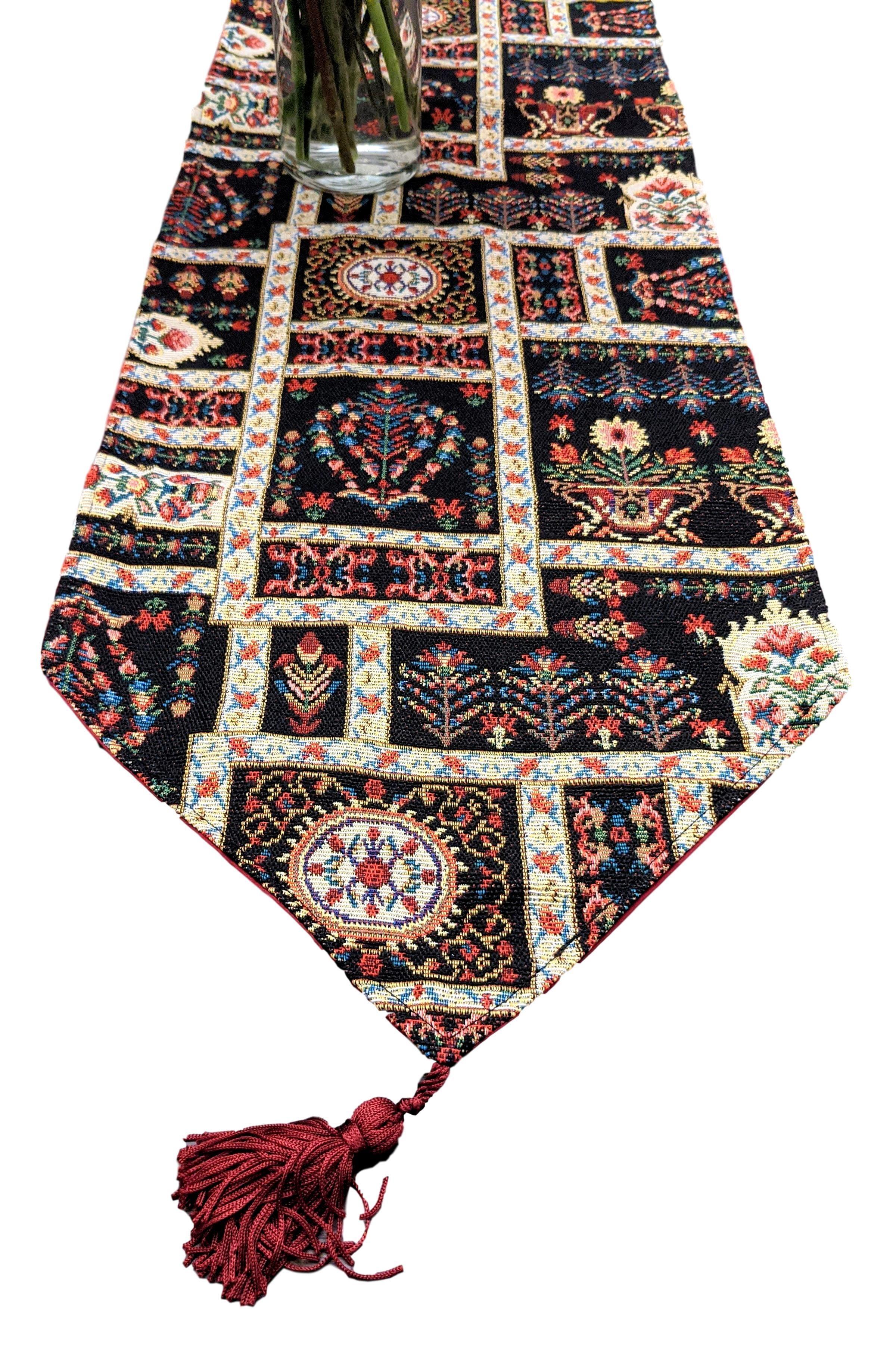 DaDalogy Bedding Elegant Woven Mughal Floral Tapestry Table Runner, Dark Noir Botanical Vintage Fleur (18197)