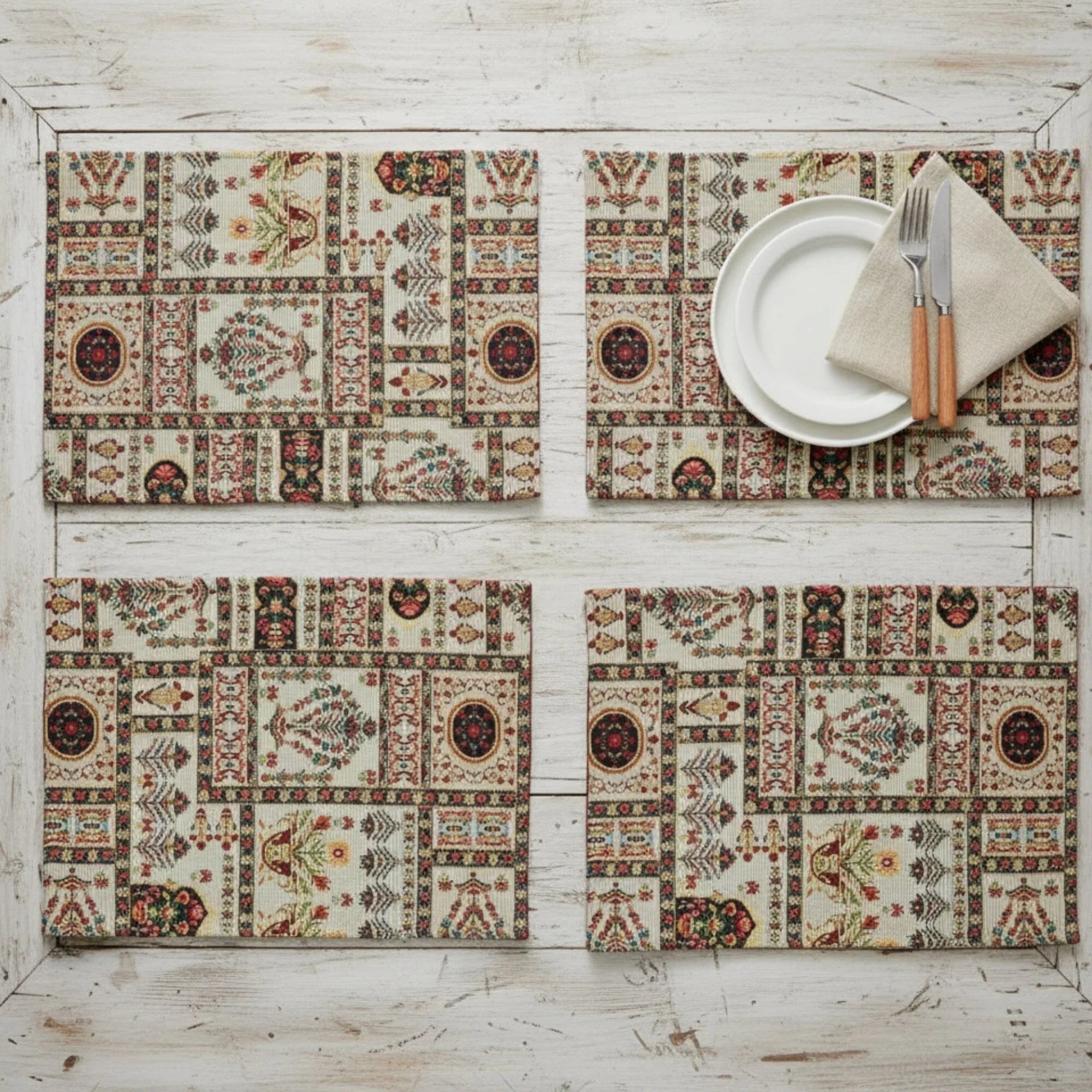 DaDalogy Bedding Set of 4-Pieces Light White Mughal Floral Botanical Cottage Fleur Tapestry Placemats 13” x 19” (18196) DaDalogy Bedding Collection