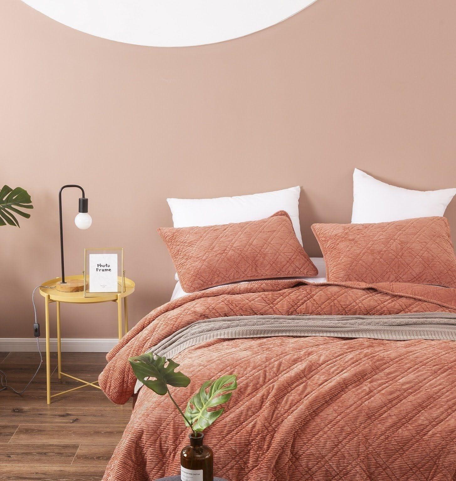 DaDalogy Bedding Terracotta Coral Brick Orange Soft Velour Corduroy Bedspread Set (JHW952) DaDalogy Bedding Collection