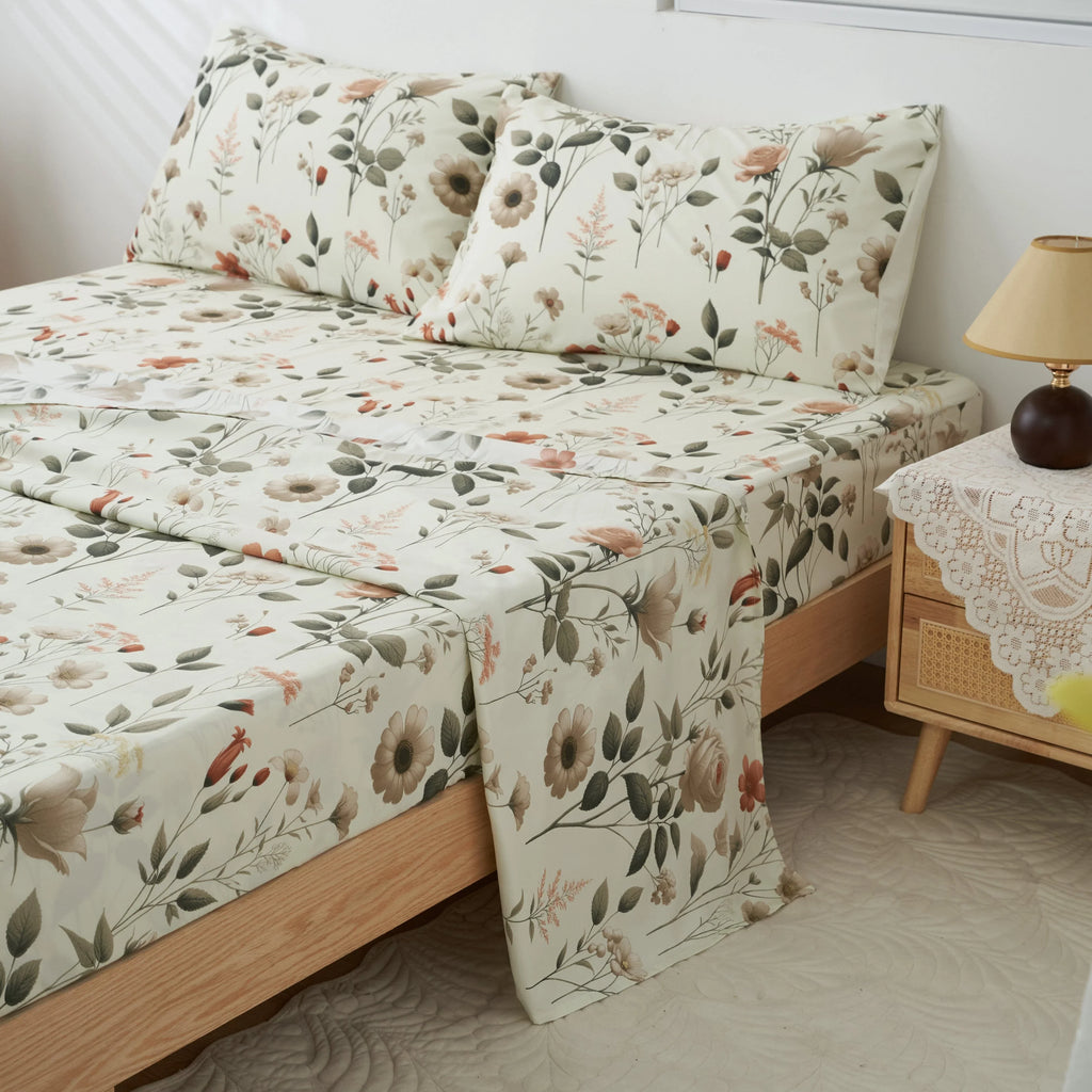 DaDalogy Enchanted Meadow Bed in a bag Set - Victoria Garden Delicate Floral Symphony in Beige, Rose, and Soft Green, Luxuriously Soft Quilted Set DaDalogy Bedding Collection