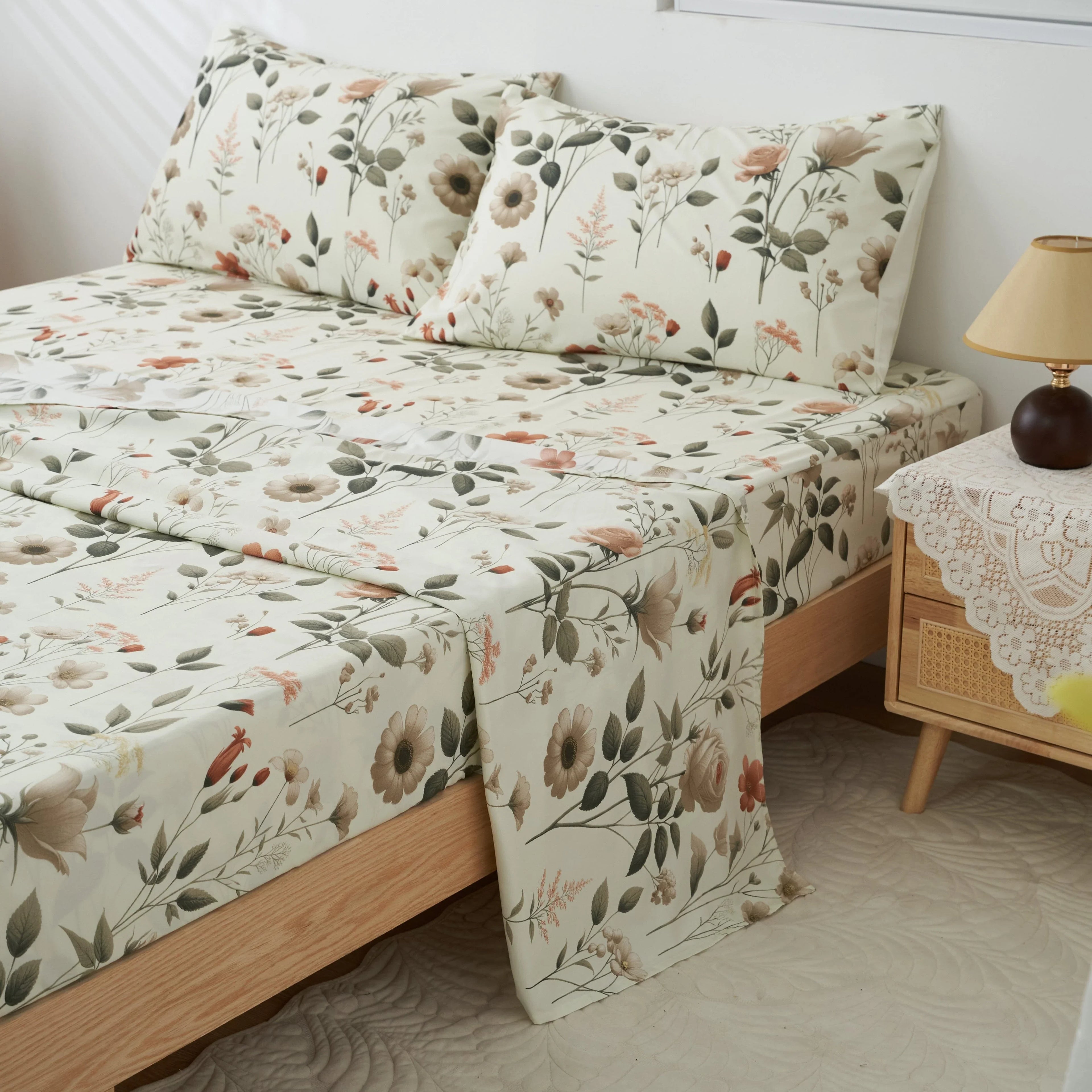 DaDalogy Enchanted Meadow Bed in a bag Set - Victoria Garden Delicate Floral Symphony in Beige, Rose, and Soft Green, Luxuriously Soft Quilted Set DaDalogy Bedding Collection