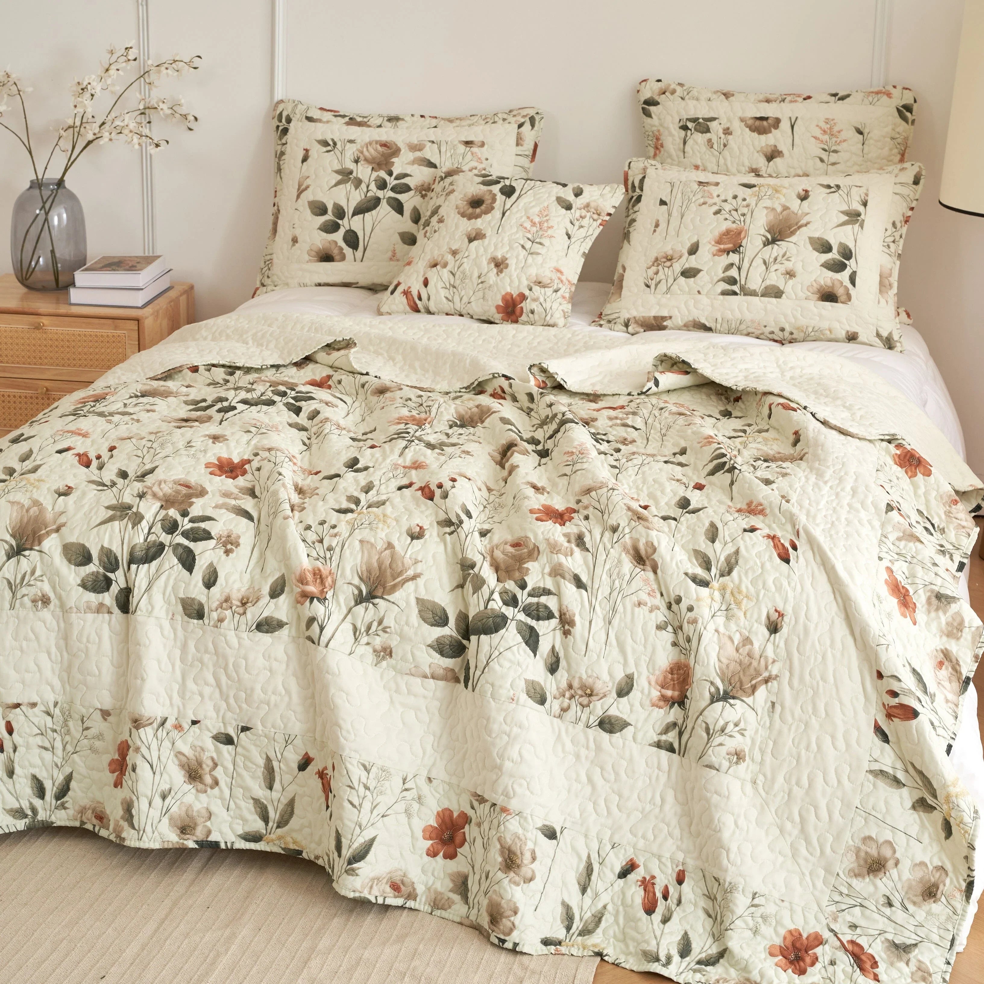 DaDalogy Enchanted Meadow Bed in a bag Set - Victoria Garden Delicate Floral Symphony in Beige, Rose, and Soft Green, Luxuriously Soft Quilted Set DaDalogy Bedding Collection