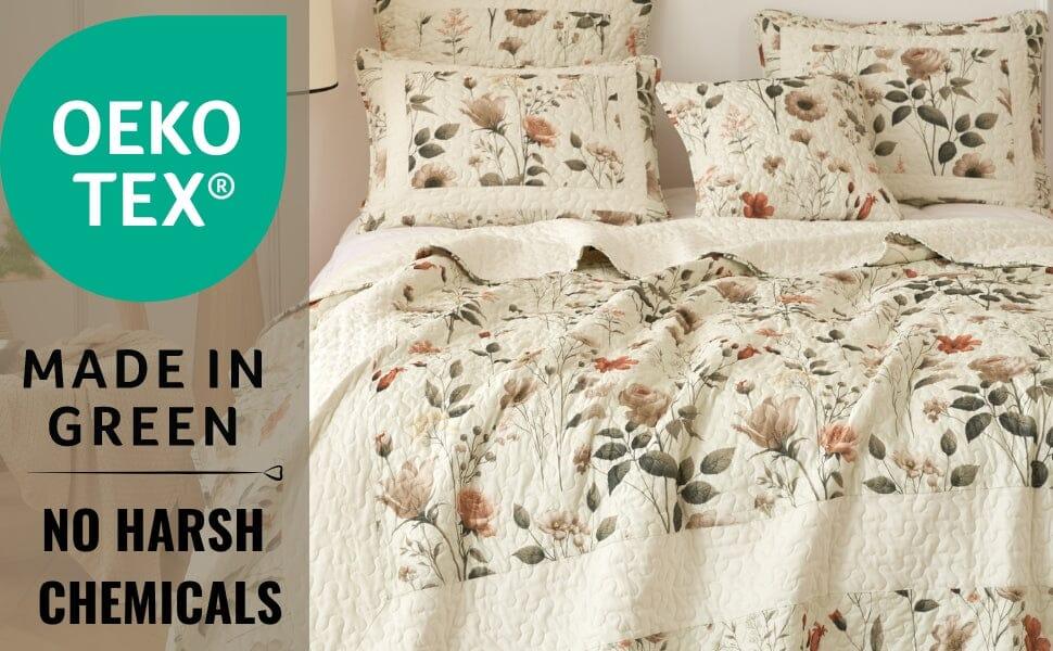 DaDalogy Enchanted Meadow Bed in a bag Set - Victoria Garden Delicate Floral Symphony in Beige, Rose, and Soft Green, Luxuriously Soft Quilted Set DaDalogy Bedding Collection