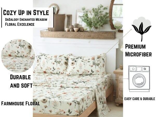 DaDalogy Enchanted Meadow Bed Sheet Set - Floral Harmony in Beige, Rose, and Soft Green, Premium Soft Microfiber, Machine Washable, Deep Pocket 14 - 15 Inches + Flat Sheet DaDalogy Bedding Collection