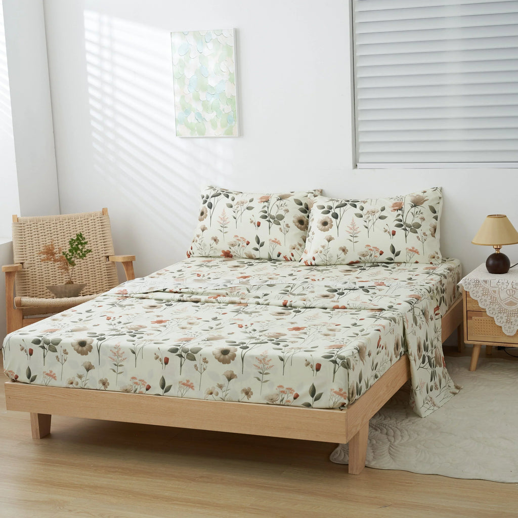 DaDalogy Enchanted Meadow Bed Sheet Set - Floral Harmony in Beige, Rose, and Soft Green, Premium Soft Microfiber, Machine Washable, Deep Pocket 14 - 15 Inches + Flat Sheet DaDalogy Bedding Collection