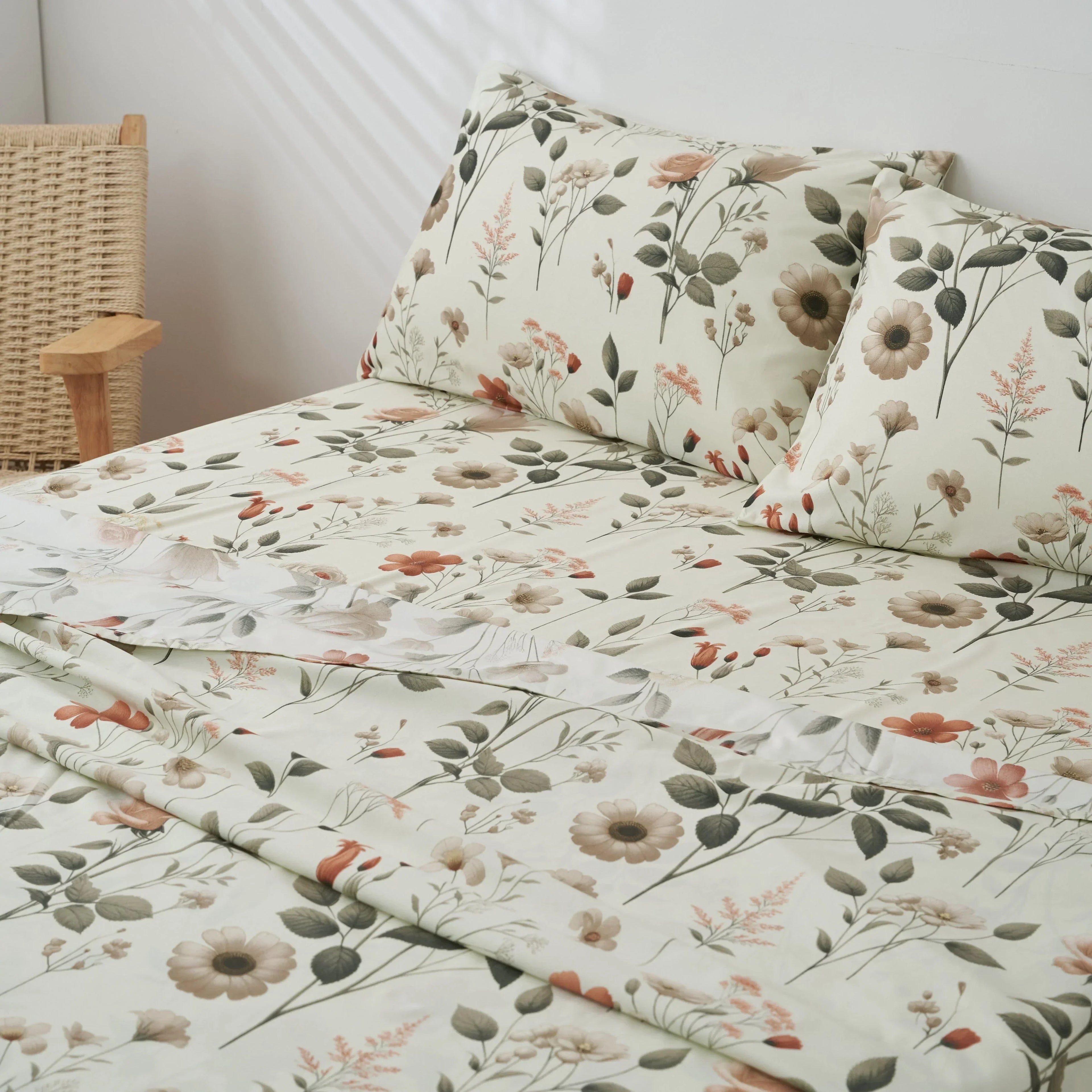 DaDalogy Enchanted Meadow Bed Sheet Set - Floral Harmony in Beige, Rose, and Soft Green, Premium Soft Microfiber, Machine Washable, Deep Pocket 14 - 15 Inches + Flat Sheet DaDalogy Bedding Collection