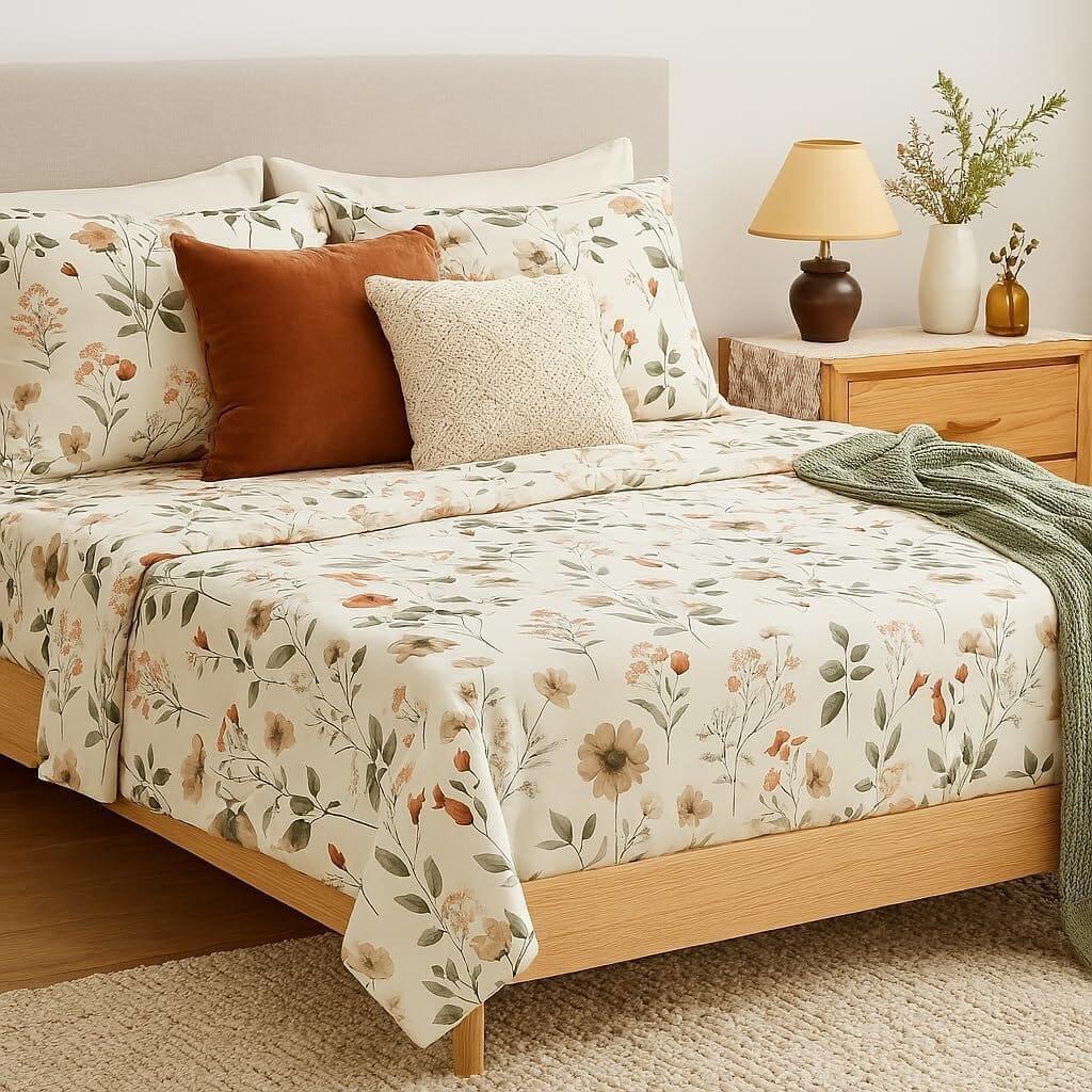 DaDalogy Enchanted Meadow Bed Sheet Set - Floral Harmony in Beige, Rose, and Soft Green, Premium Soft Microfiber, Machine Washable, Deep Pocket 14 - 15 Inches + Flat Sheet DaDalogy Bedding Collection