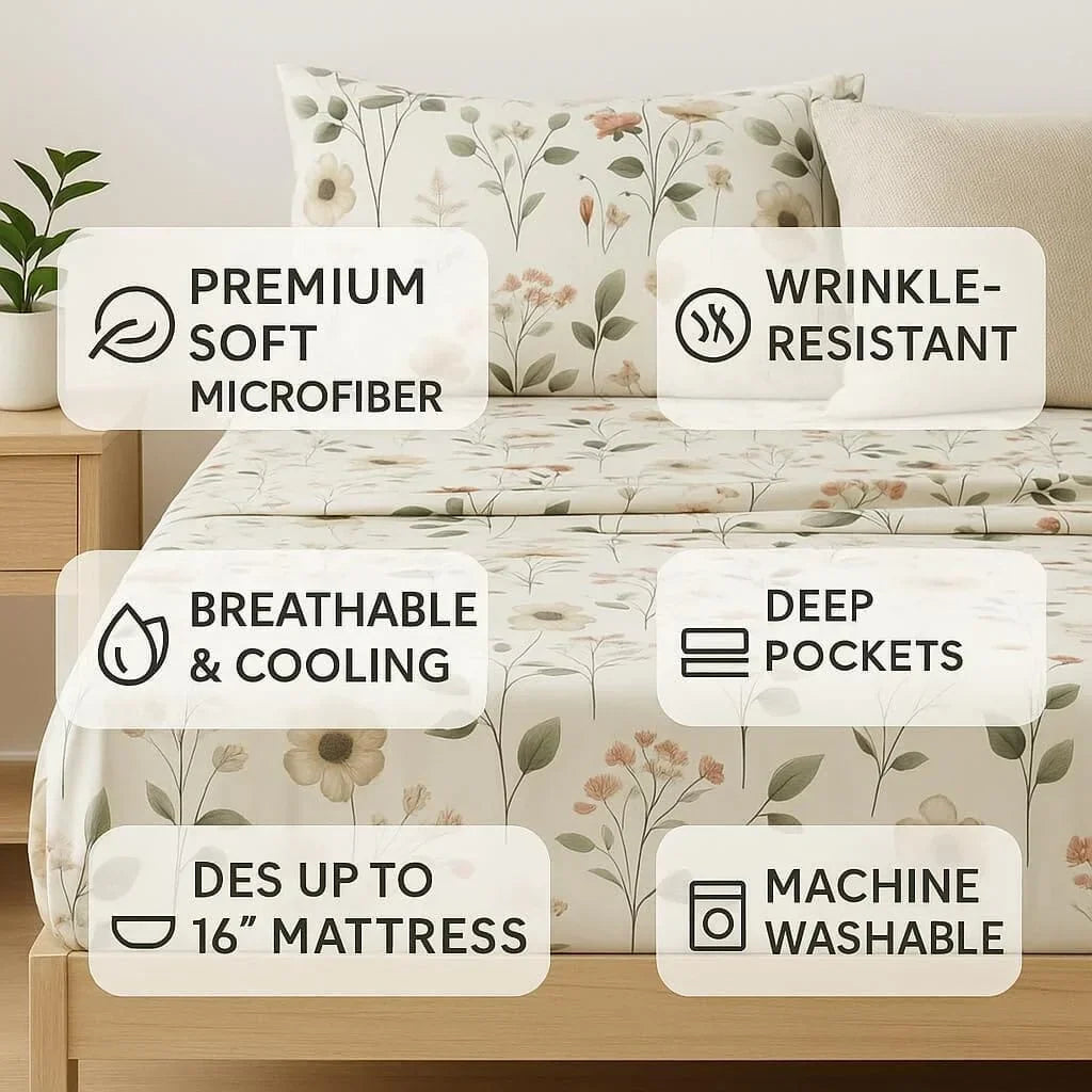 DaDalogy Enchanted Meadow Bed Sheet Set - Floral Harmony in Beige, Rose, and Soft Green, Premium Soft Microfiber, Machine Washable, Deep Pocket 14 - 15 Inches + Flat Sheet DaDalogy Bedding Collection