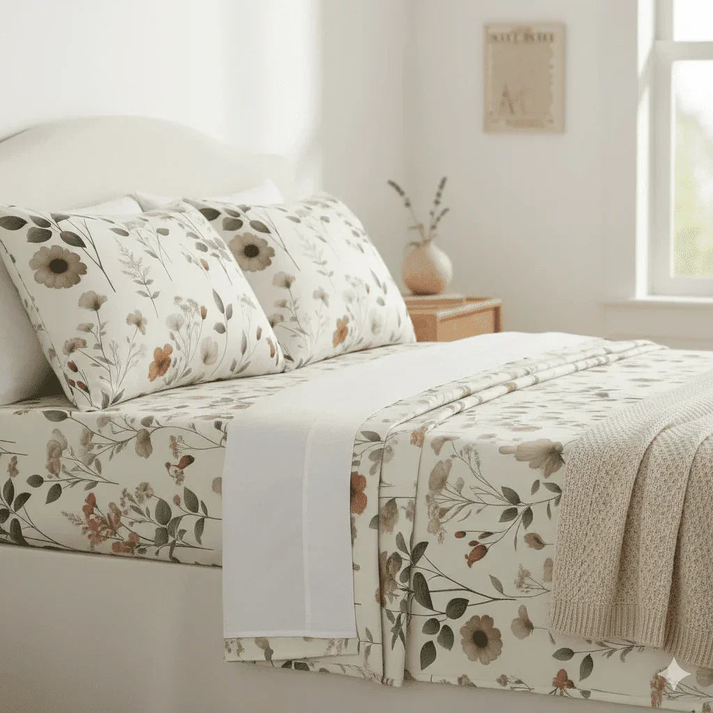 DaDalogy Enchanted Meadow Bed Sheet Set - Floral Harmony in Beige, Rose, and Soft Green, Premium Soft Microfiber, Machine Washable, Deep Pocket 14 - 15 Inches + Flat Sheet DaDalogy Bedding Collection