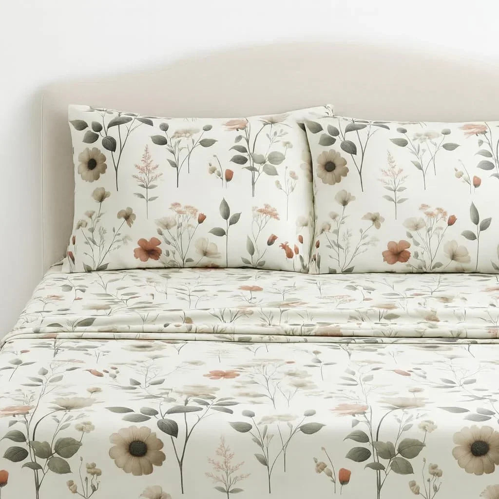 DaDalogy Enchanted Meadow Bed Sheet Set - Floral Harmony in Beige, Rose, and Soft Green, Premium Soft Microfiber, Machine Washable, Deep Pocket 14 - 15 Inches + Flat Sheet DaDalogy Bedding Collection