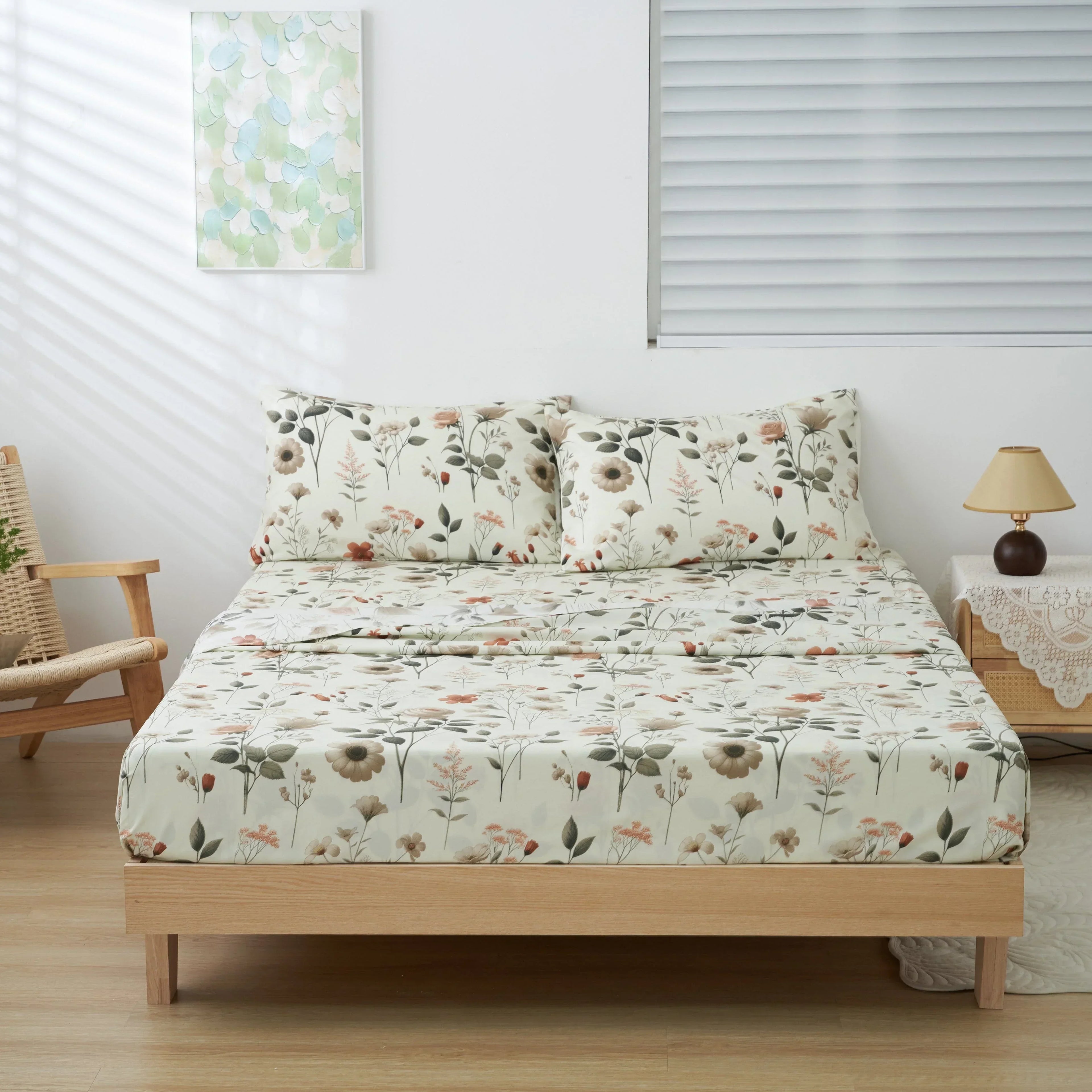 DaDalogy Enchanted Meadow Bed Sheet Set - Floral Harmony in Beige, Rose, and Soft Green, Premium Soft Microfiber, Machine Washable, Deep Pocket 14 - 15 Inches + Flat Sheet DaDalogy Bedding Collection
