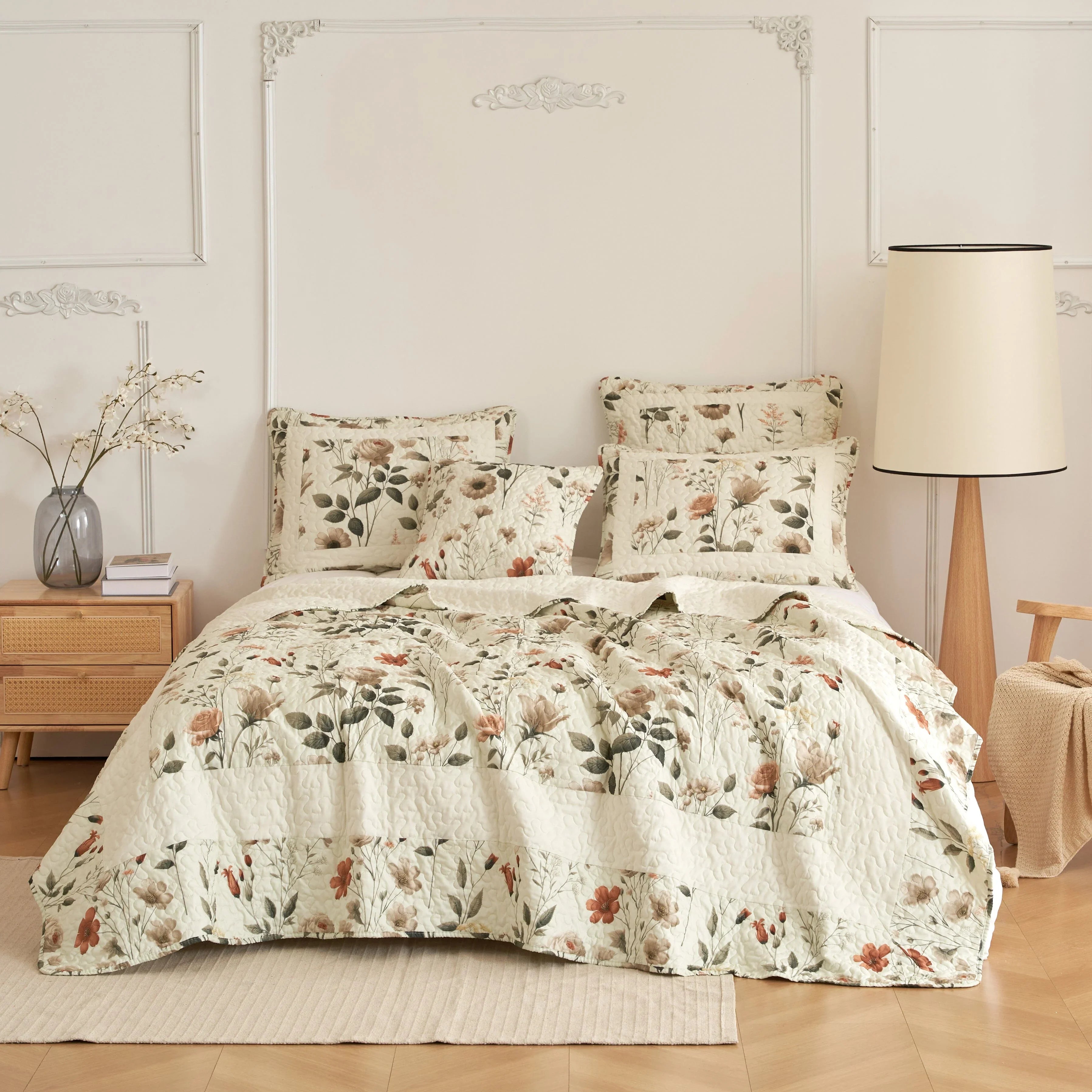 DaDalogy Enchanted Meadow Quilt Set - Victoria Garden Delicate Floral Symphony in Beige, Rose, and Soft Green, Luxuriously Soft Quilted Bedspread Set DaDalogy Bedding Collection