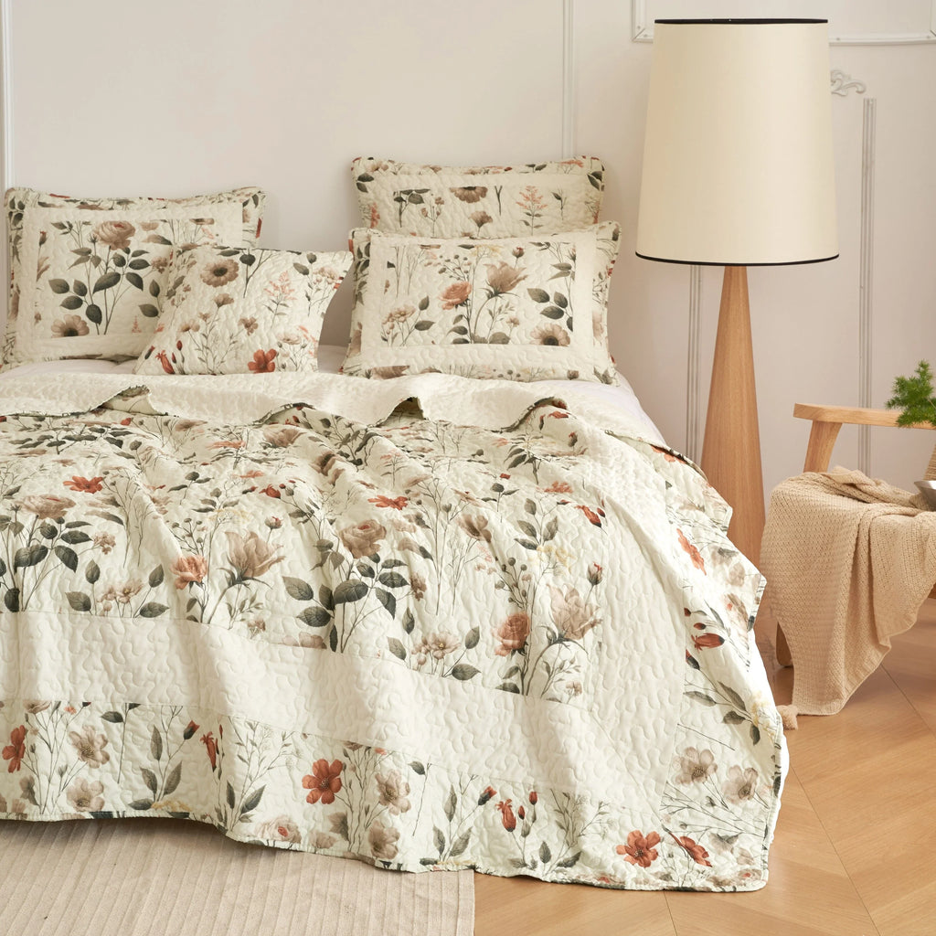 DaDalogy Enchanted Meadow Quilt Set - Victoria Garden Delicate Floral Symphony in Beige, Rose, and Soft Green, Luxuriously Soft Quilted Bedspread Set DaDalogy Bedding Collection