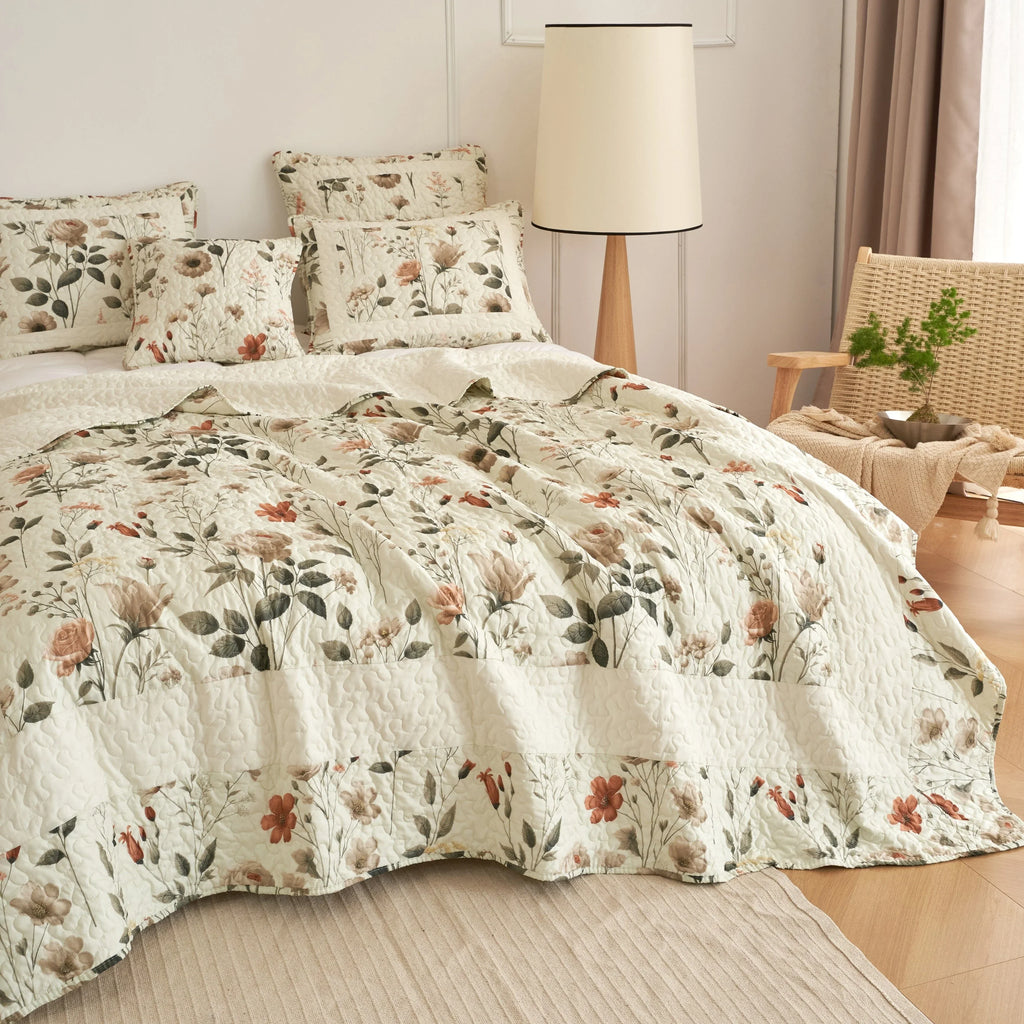 DaDalogy Enchanted Meadow Quilt Set - Victoria Garden Delicate Floral Symphony in Beige, Rose, and Soft Green, Luxuriously Soft Quilted Bedspread Set DaDalogy Bedding Collection