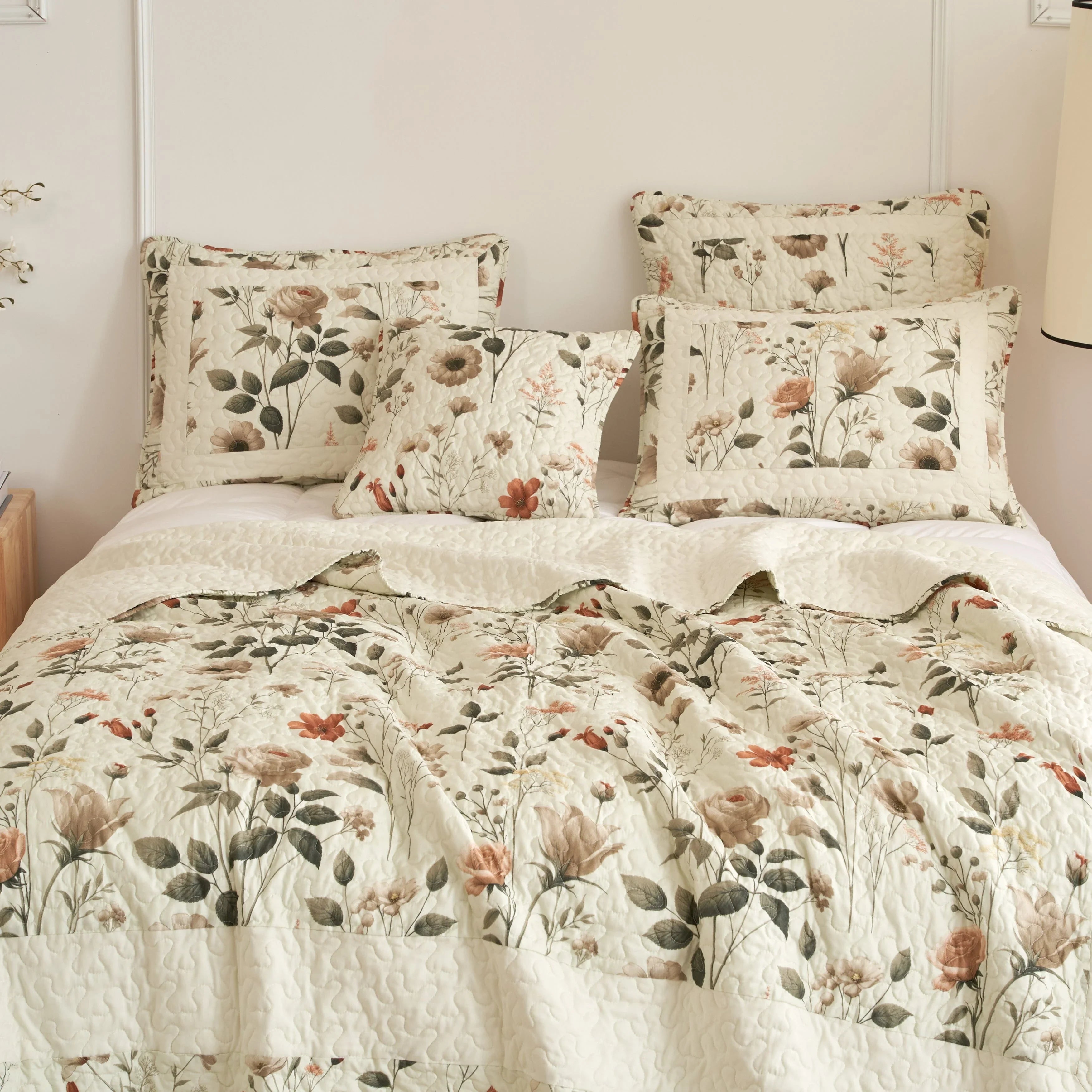DaDalogy Enchanted Meadow Quilt Set - Victoria Garden Delicate Floral Symphony in Beige, Rose, and Soft Green, Luxuriously Soft Quilted Bedspread Set DaDalogy Bedding Collection