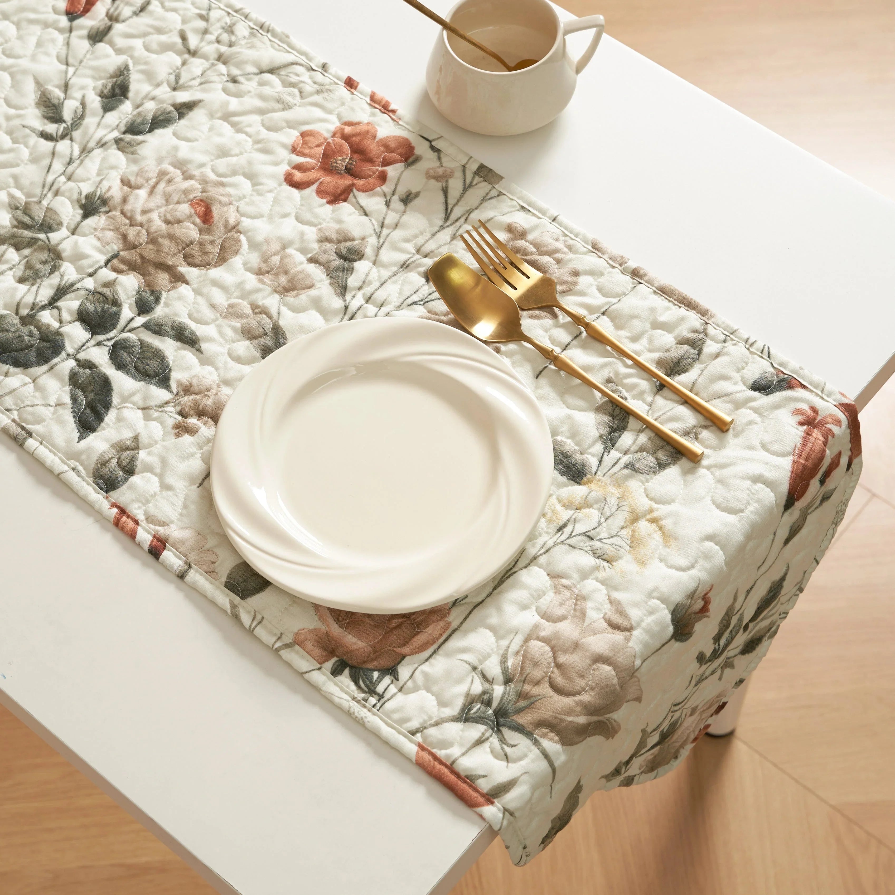 DaDalogy Enchanted Meadow Reversible Dinner Table Runner - Floral Elegance in Beige, Rose, and Soft Olive Green, Premium Soft Microfiber Quilted Table Runner DaDalogy Bedding Collection